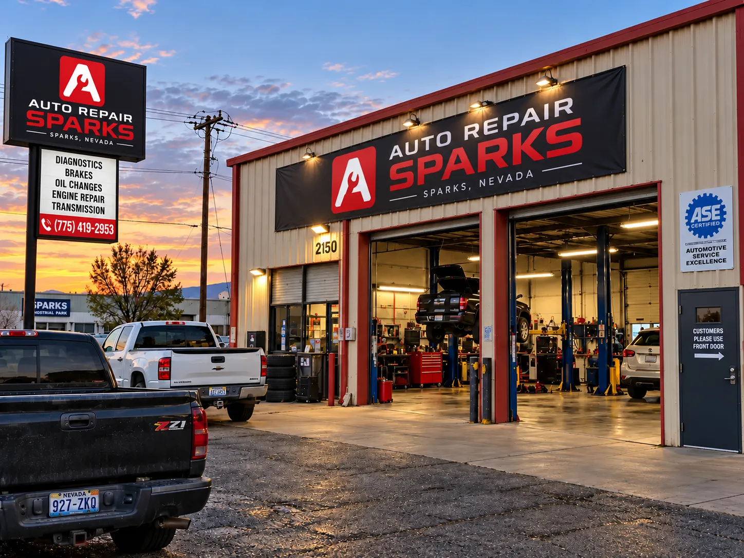 Auto Repair Sparks shop on Greg Street in Sparks, Nevada at dusk, with service bays open and vehicles on the lifts